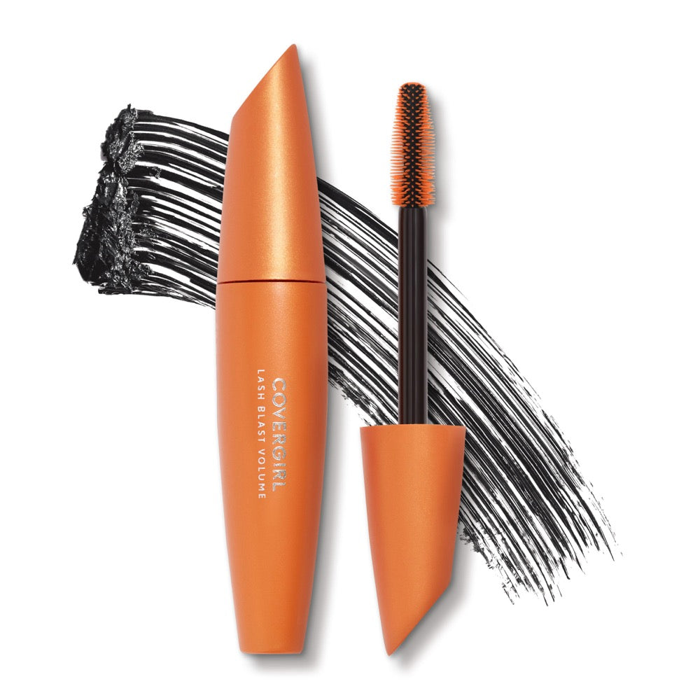 CoverGirl Lash Blast Volume Mascara with an orange tube and brush, featuring black mascara swatch.