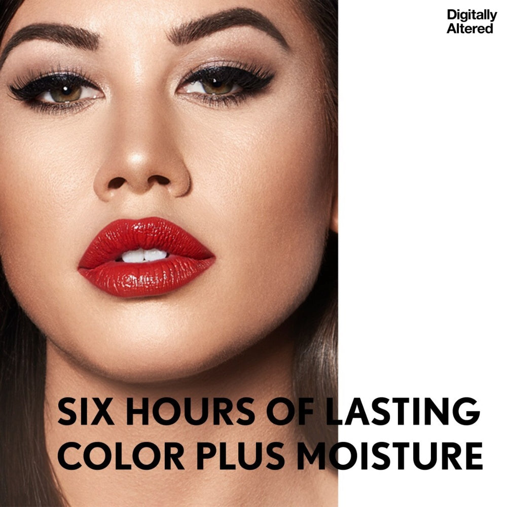 Model with bold red lips. Six hours of lasting color plus moisture.