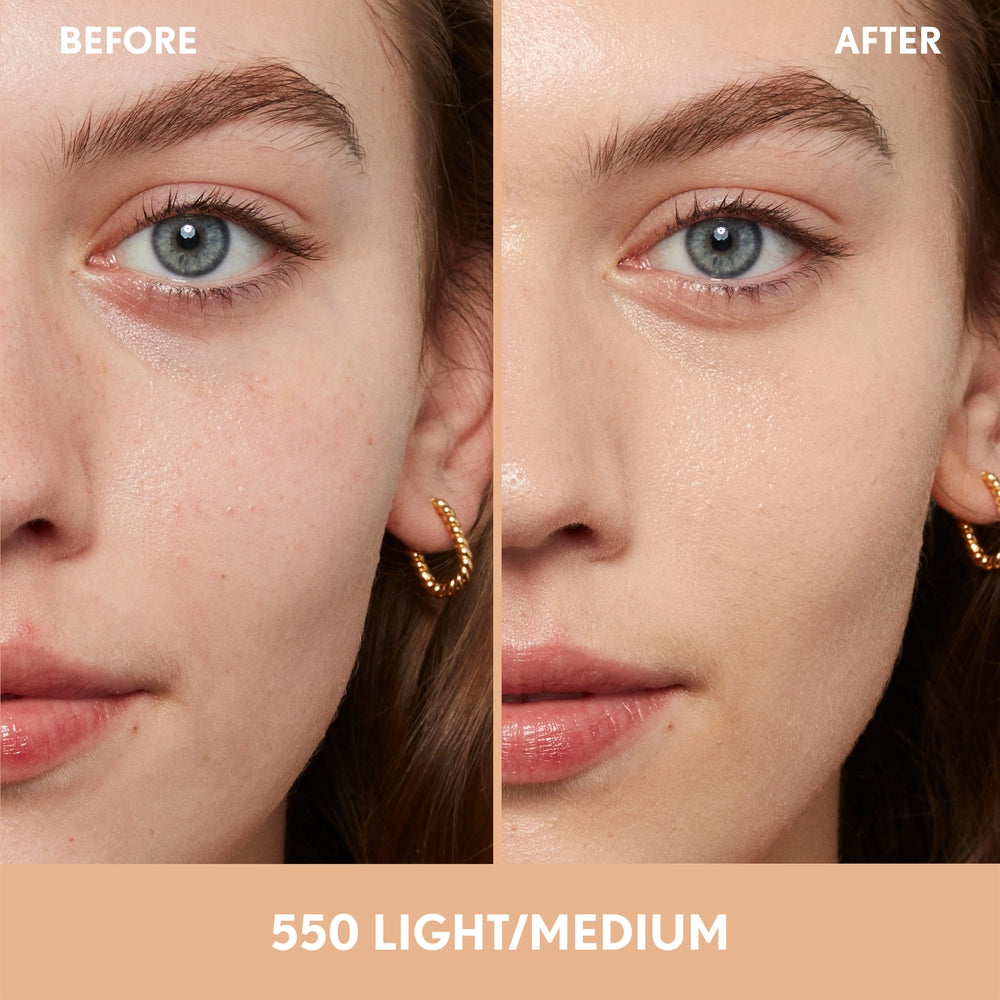 Model before and after applying Clean Fresh Nourishing Skin Tint in 550 Light/Medium.