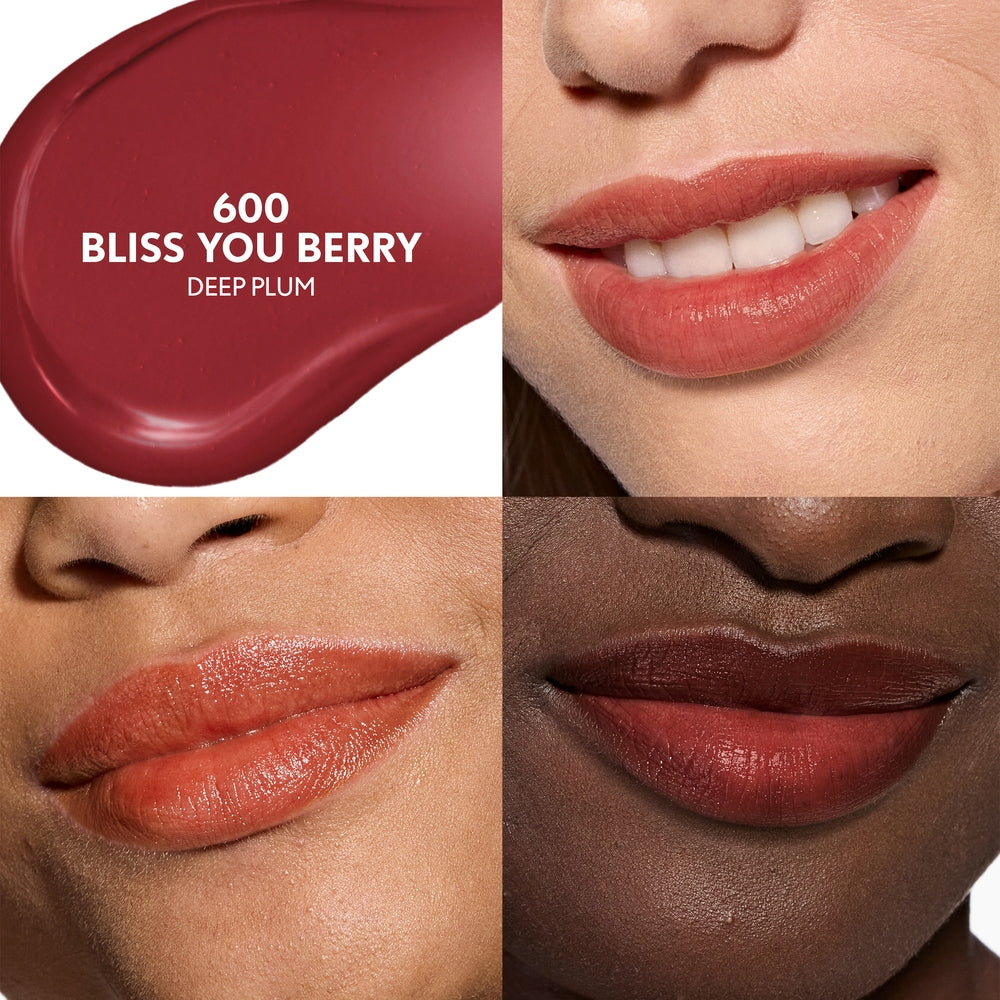 Clean Fresh Tinted Lip Balm in 600 Bliss You Berry with deep plum swatch and model application.