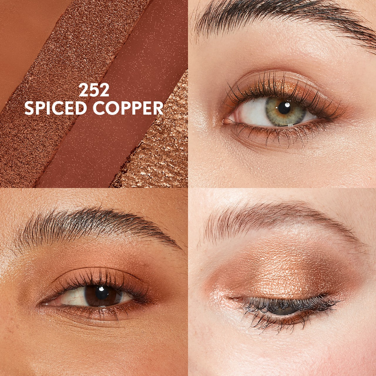 CLEAN FRESH CLEAN COLOR EYESHADOW in 252 Spiced Copper swatches and applied on model's eyes.