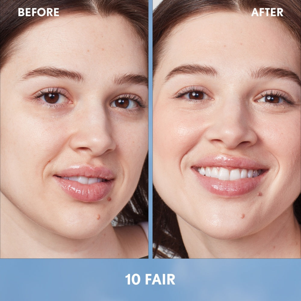 Model before and after applying Simply Ageless Skin Perfector Essence in 10 Fair.