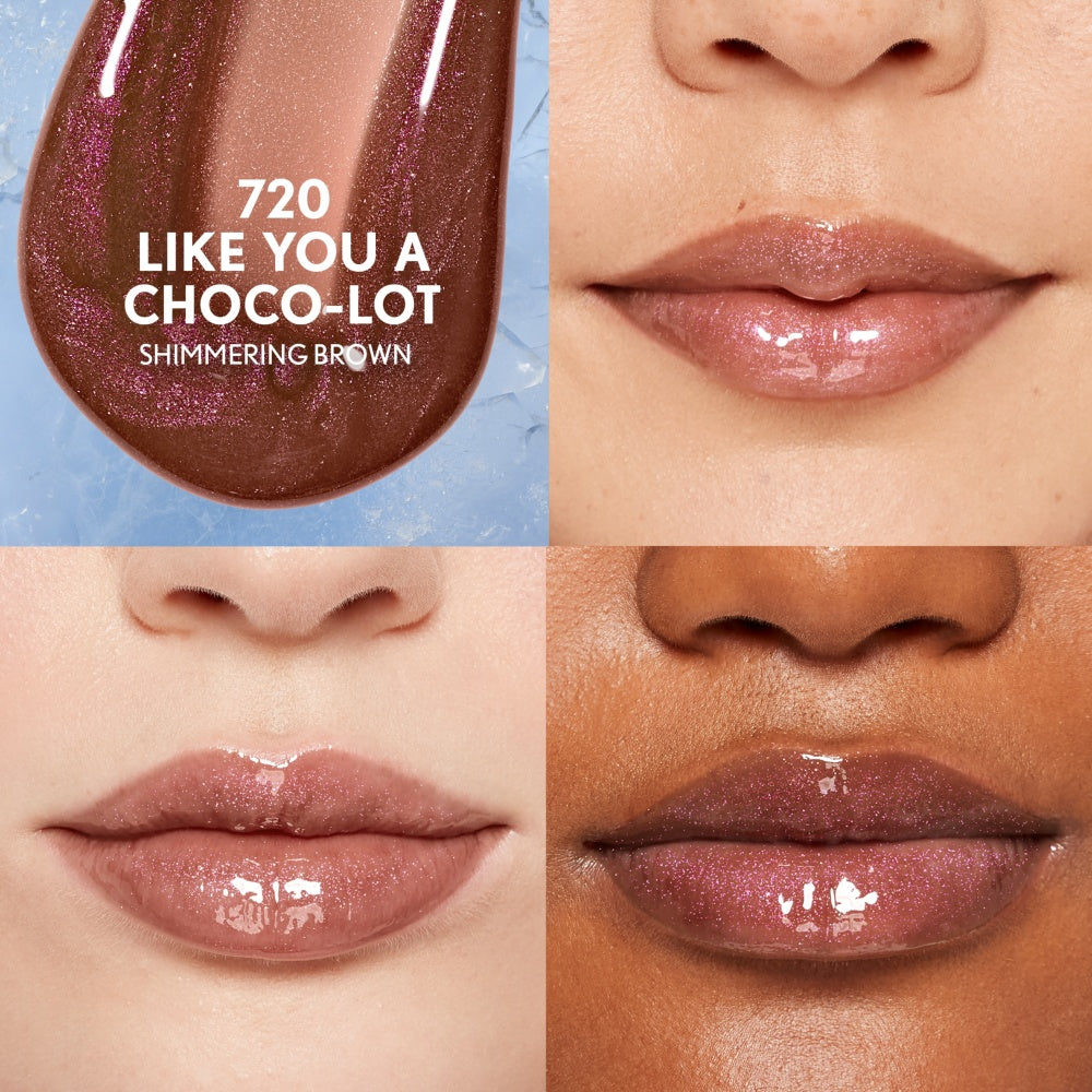 Clean Fresh Yummy Plumper in 720 Like You a Choco-lot, a shimmery brown lip gloss on models' lips.