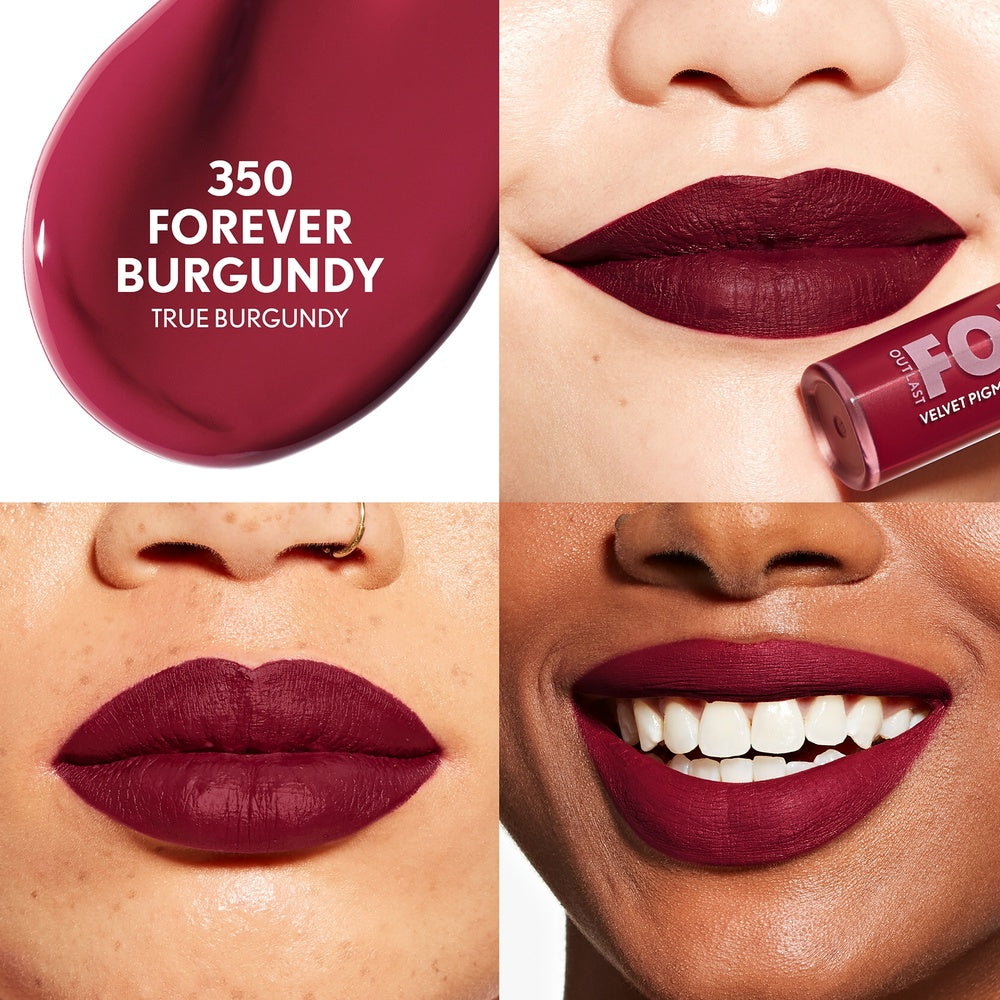 Outlast Forever Velvet Pigment in 350 Forever Burgundy with a model's lips showing the shade.