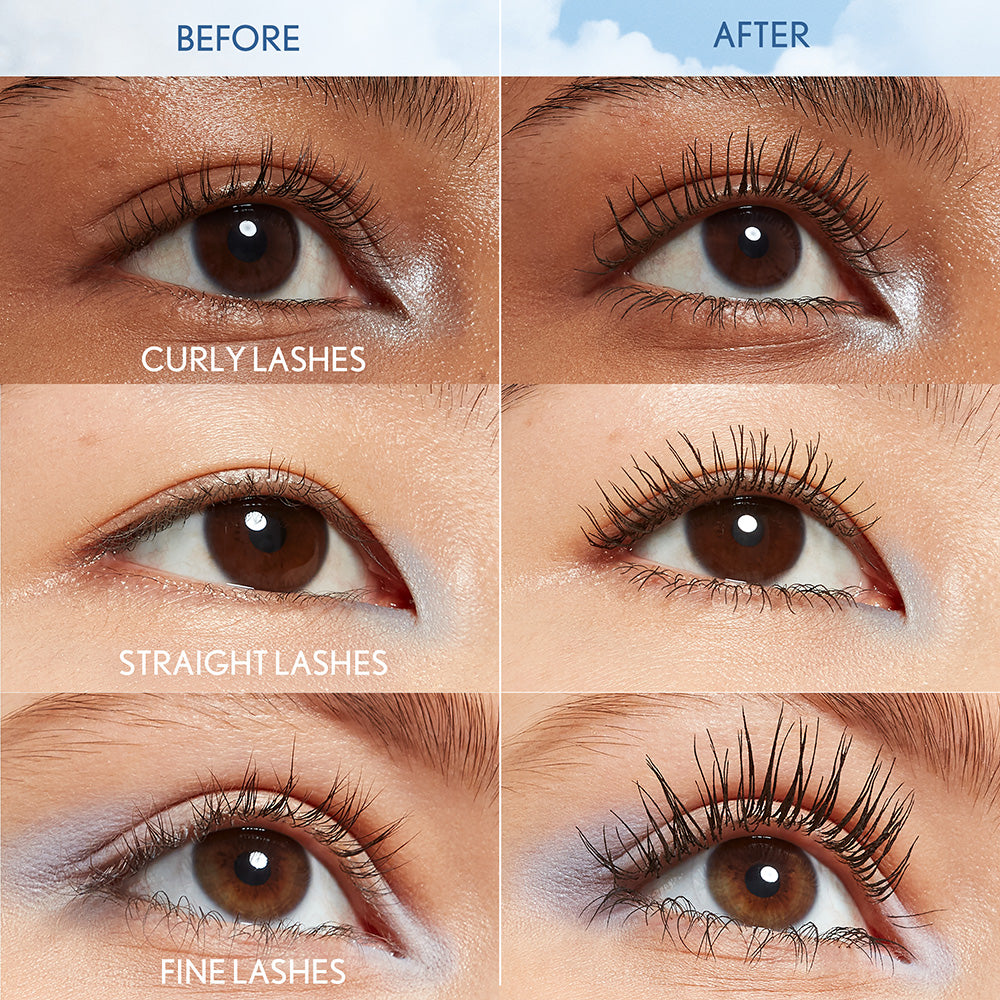 Before and after images showing the effect of Lash Blast Supercloud Mascara on curly, straight, and fine lashes.