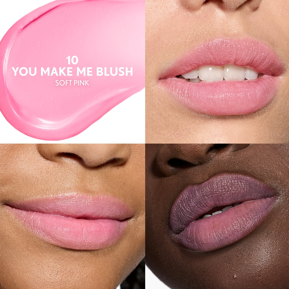 Clean Fresh Tinted Lip Balm SPF 15 in shade You Make Me Blush, soft pink swatch and lip application.