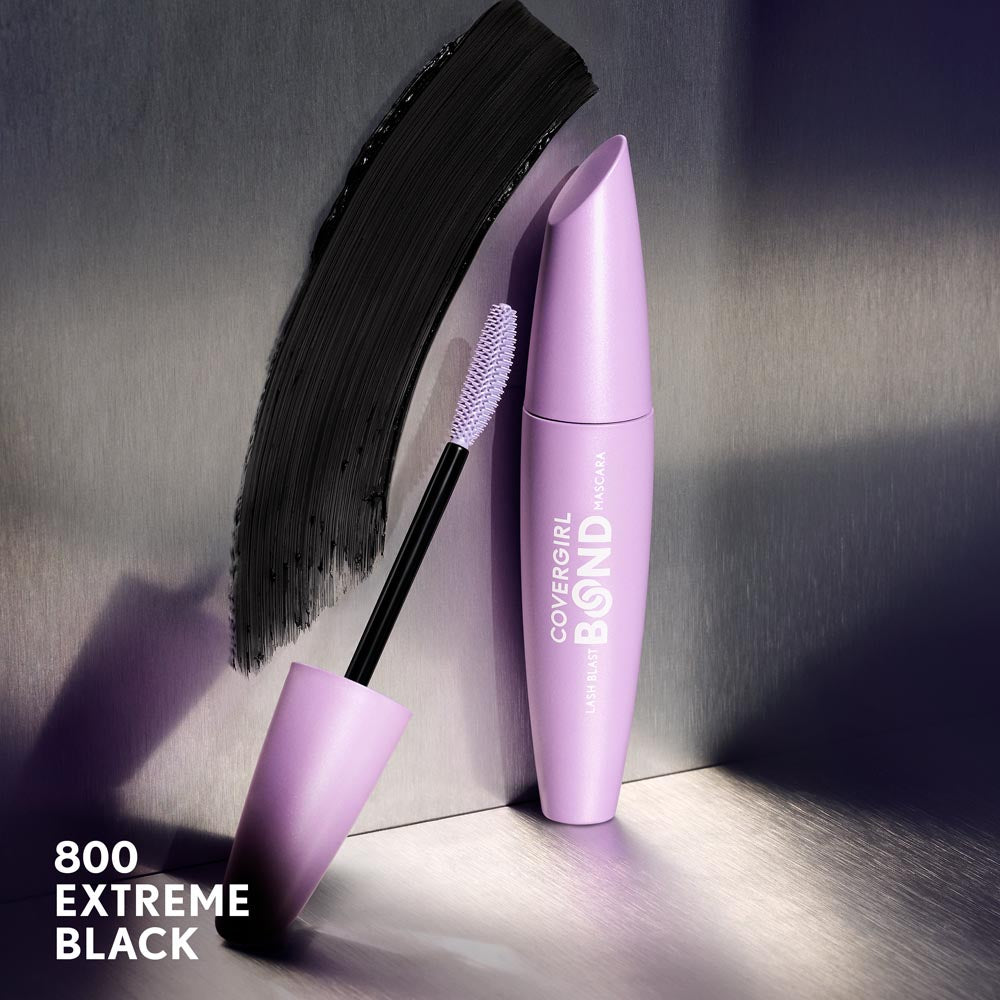 CoverGirl Lash Blast Bond Mascara in 800 Extreme Black with a purple tube and brush.