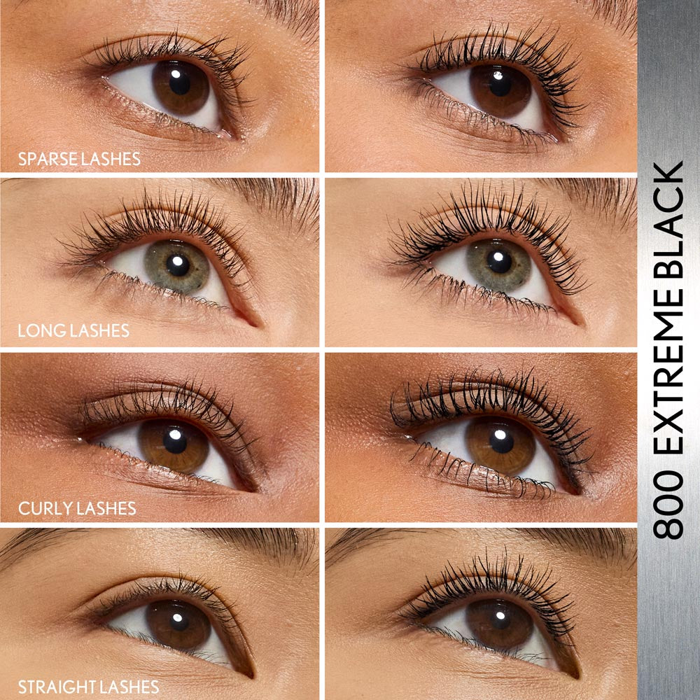 Lash Blast Bond Mascara in 800 Extreme Black before and after effect on sparse, long, curly, and straight lashes.