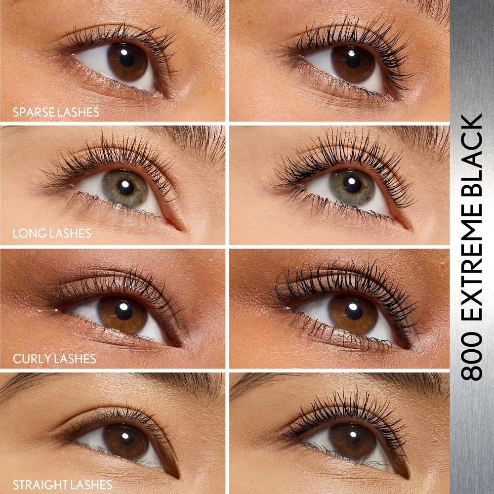 Model showcasing Lash Blast Bond Mascara in Extreme Black on various lash types.