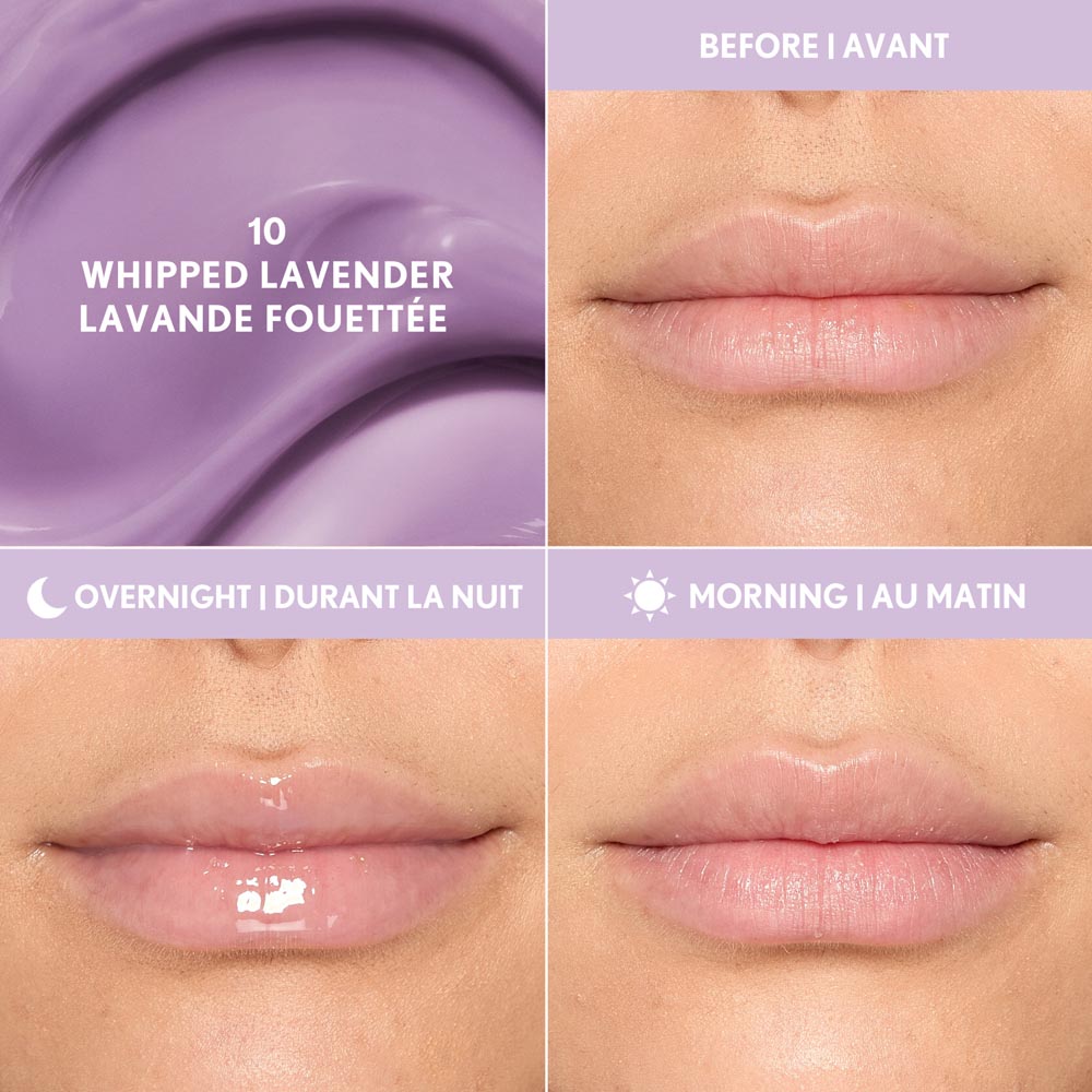 Clean Fresh Jammy Lip Sleeping Mask in 10 Whipped Lavender with before and after application images.