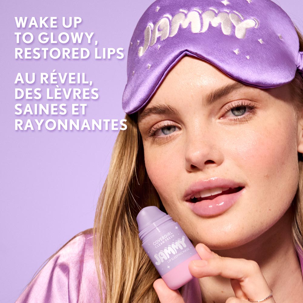 Model holding Clean Fresh Jammy Lip Sleeping Mask in Whipped Lavender. Wake up to glowy, restored lips.