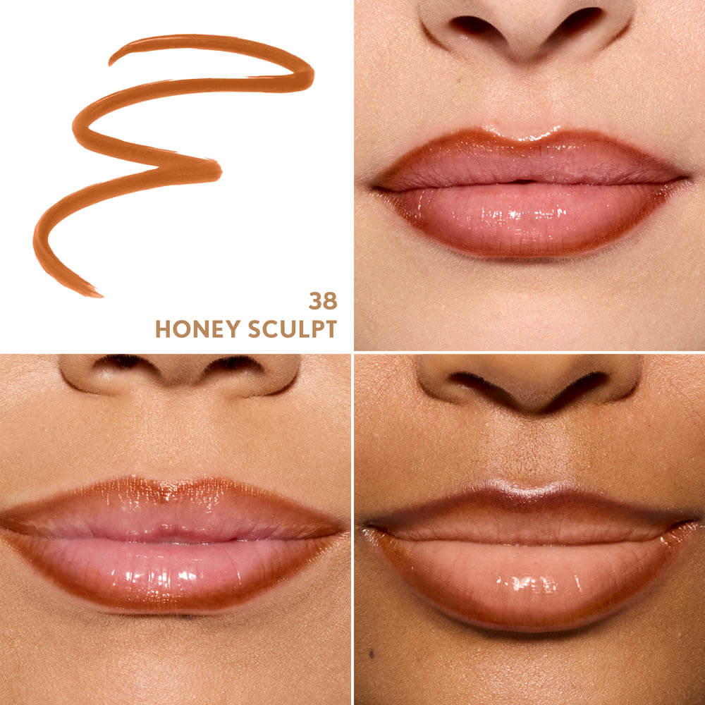 Outlast Lipstain in 38 Honey Sculpt with a smooth finish on model's lips.