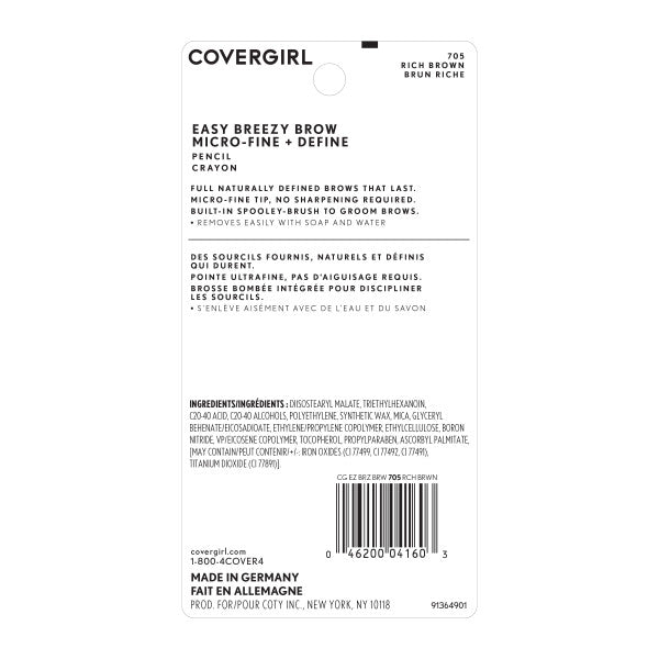 Covergirl Easy Breezy Brow Micro Fine Fill + Define Eyebrow Pencil in Rich Brown, back label