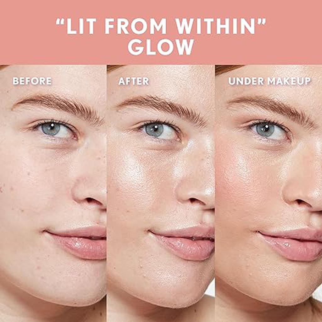 TruBlend Skin Enhancer Luminizer, showing before, after, and under makeup results.