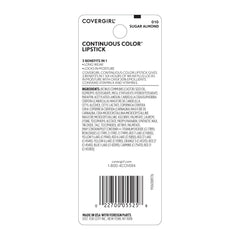 Covergirl Continuous Color Lipstick in Sugar Almond, back packaging with ingredients and usage information.