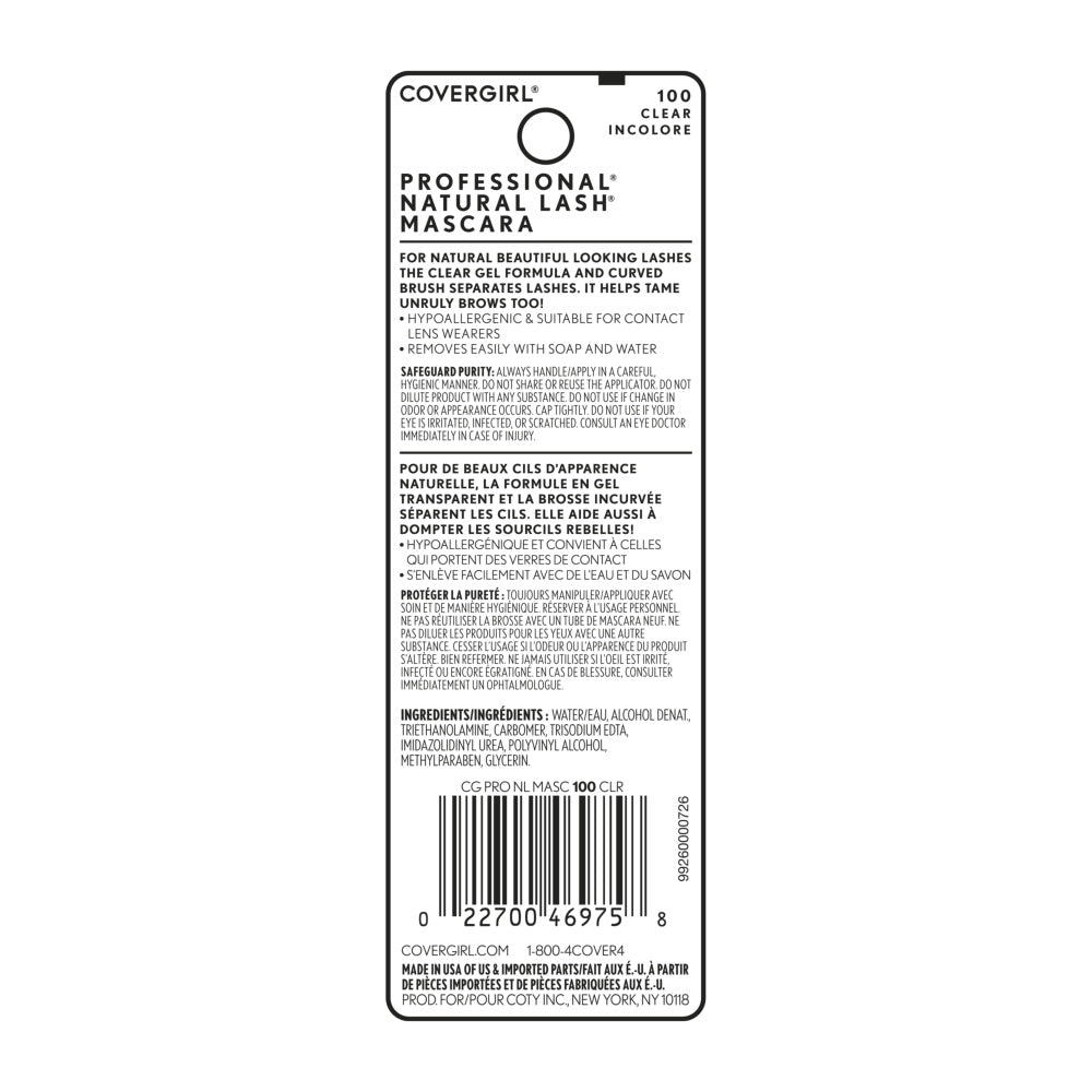 Covergirl Professional Natural Lash Eyelash Gel in 100 Clear, back packaging