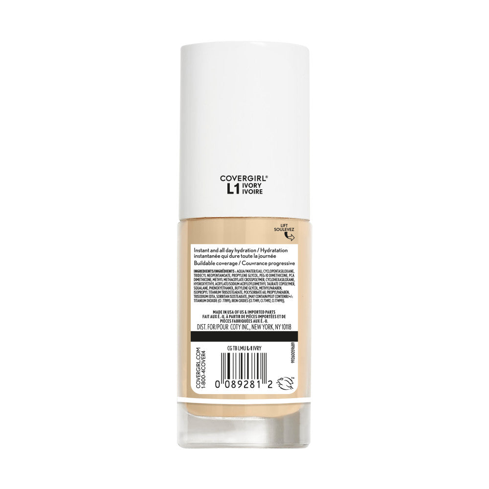 Covergirl TruBlend Liquid Foundation in L-1 Ivory back view with label