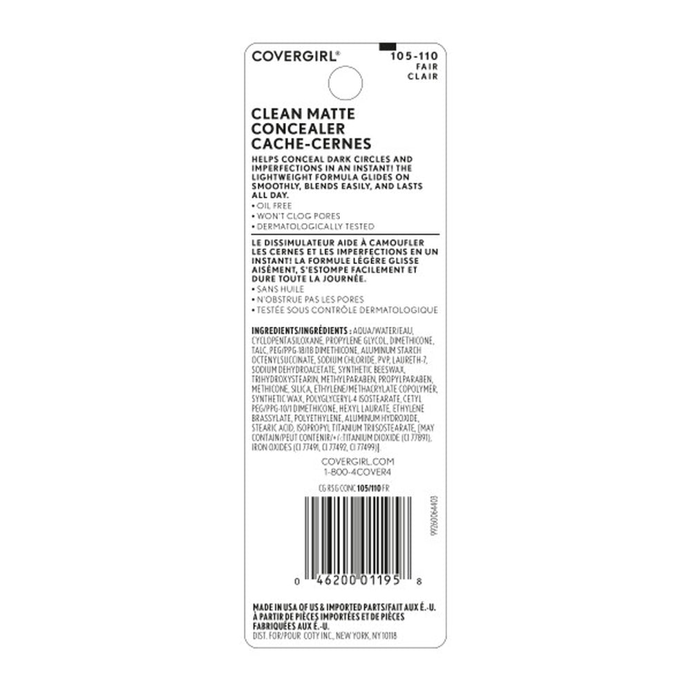 Clean Matte Oil-Free Concealer in shade 110 Fair product details label