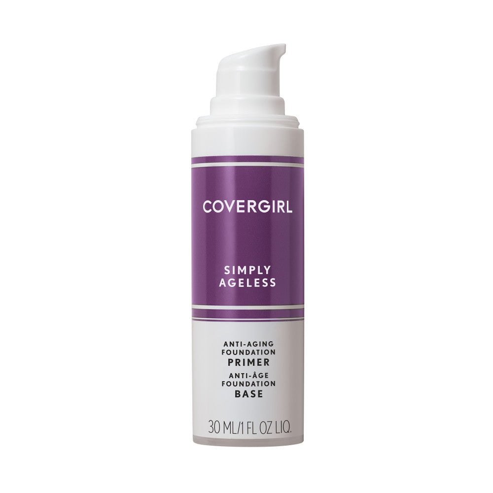CoverGirl Simply Ageless Primer opened bottle with a purple label