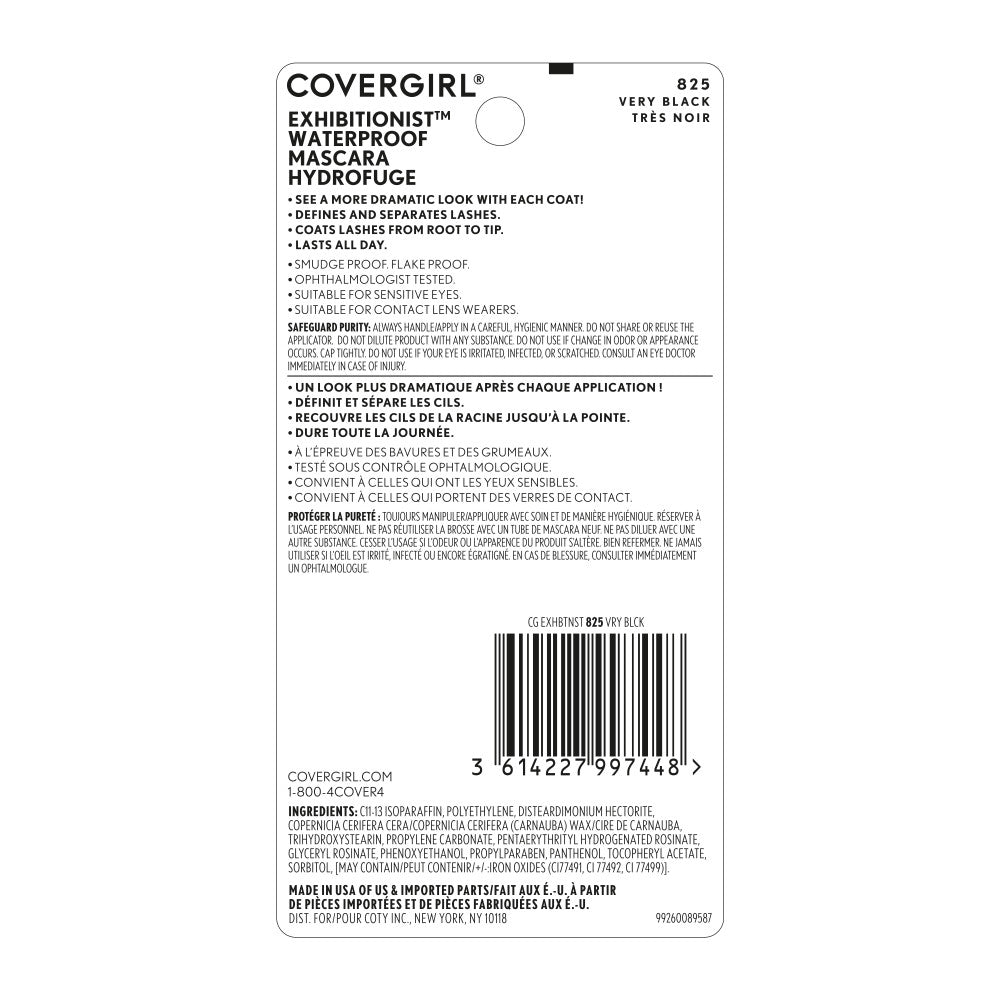 Exhibitionist Waterproof Mascara in Very Black back label with product details