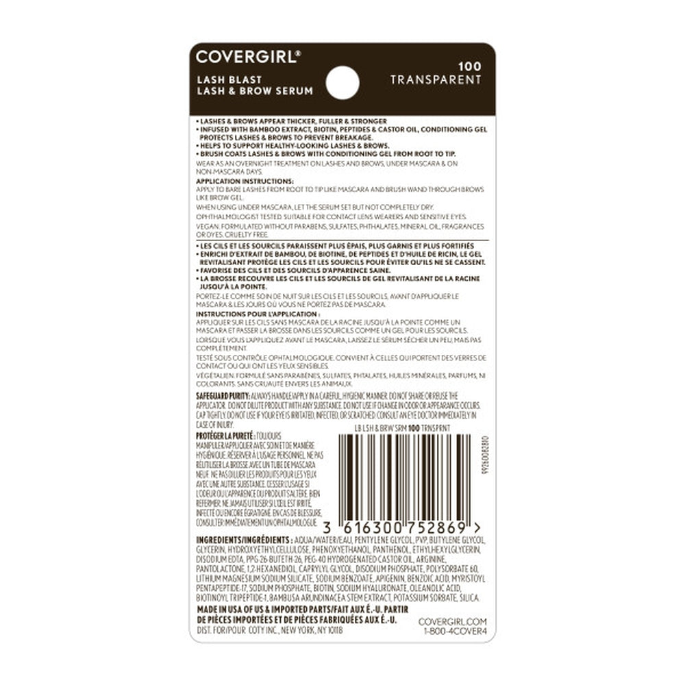 CoverGirl Lash Blast Lash & Brow Serum in shade 100 Transparent, back packaging with product details.
