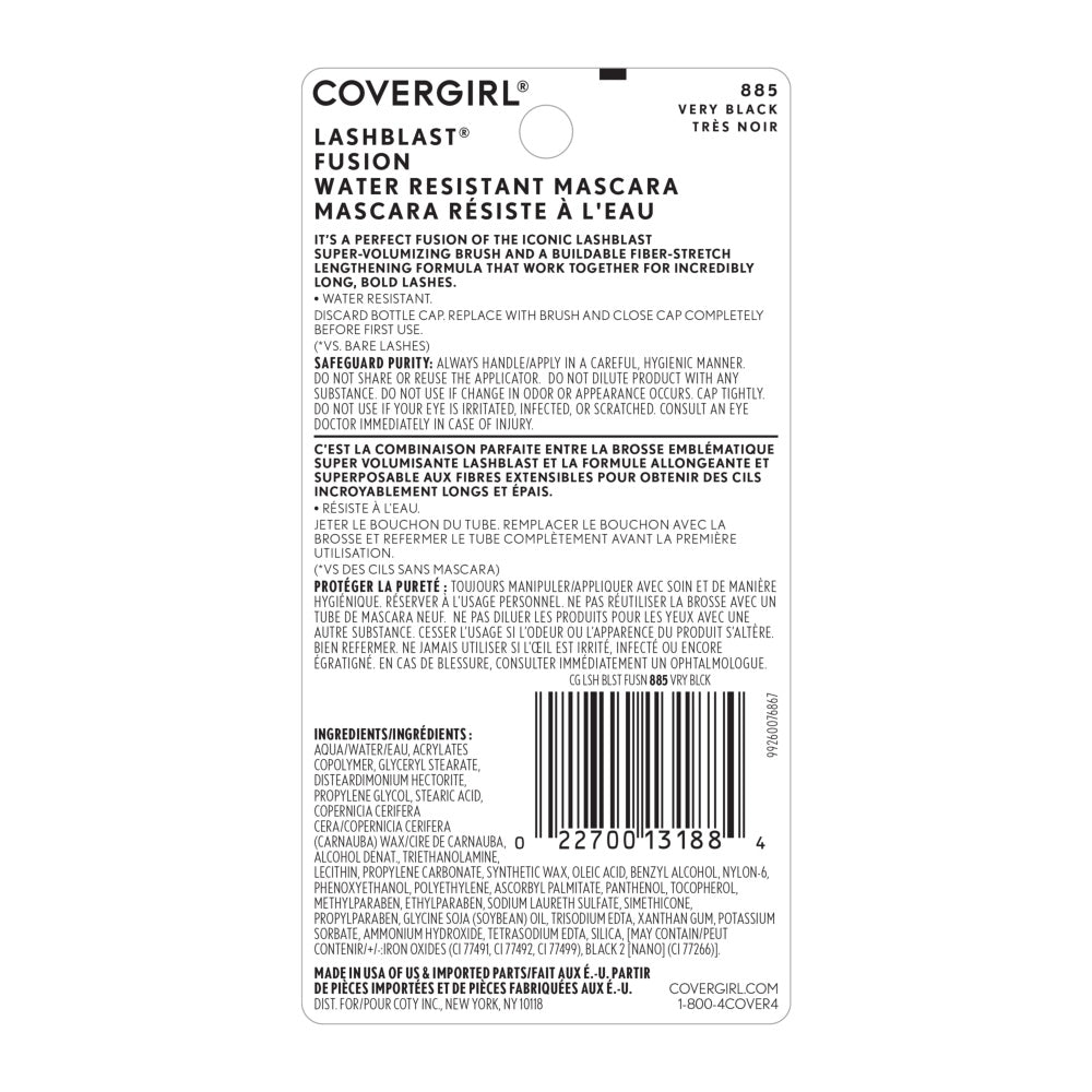Covergirl Lash Blast Fusion Waterproof Mascara in Very Black back label with product details