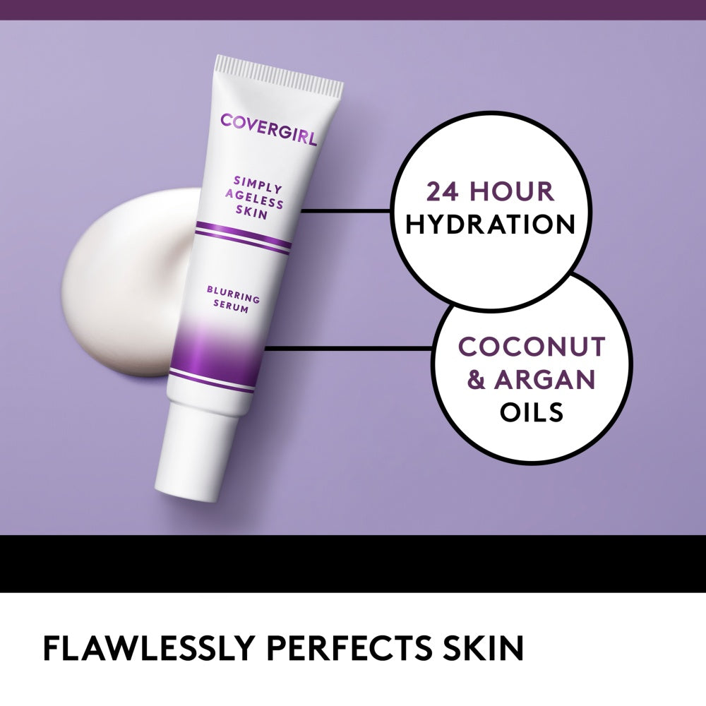 Covergirl Simply Ageless Skin Blurring Serum with 24 hour hydration, coconut and argan oils. Flawlessly perfects skin.
