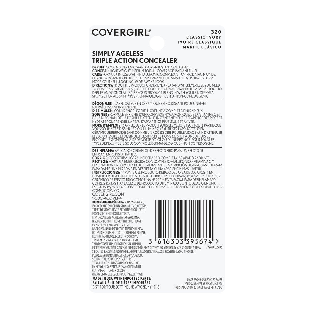 CoverGirl Simply Ageless Triple Action Concealer in Classic Ivory, back label with product details