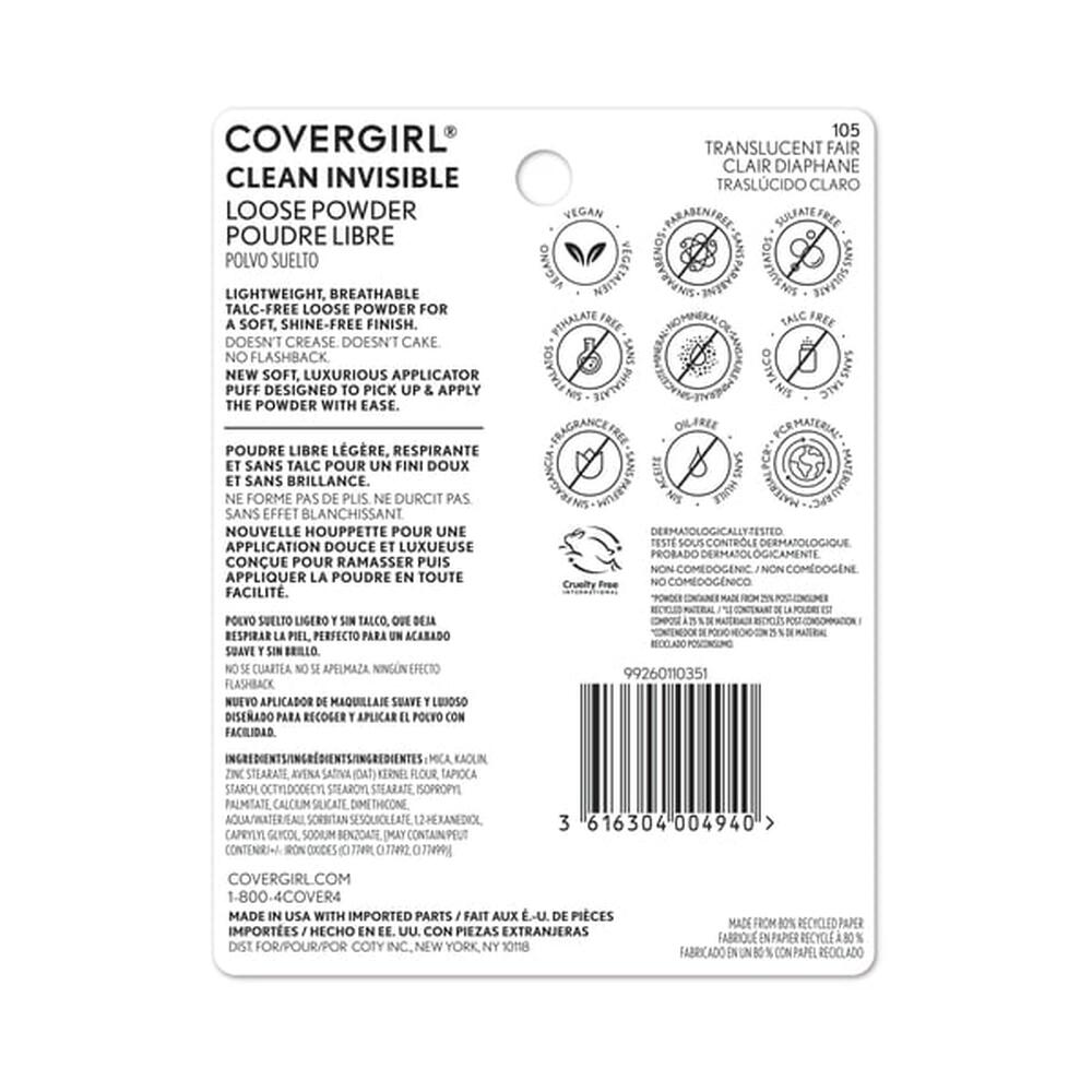 Clean Invisible Loose Powder in Translucent Fair, back label with product details