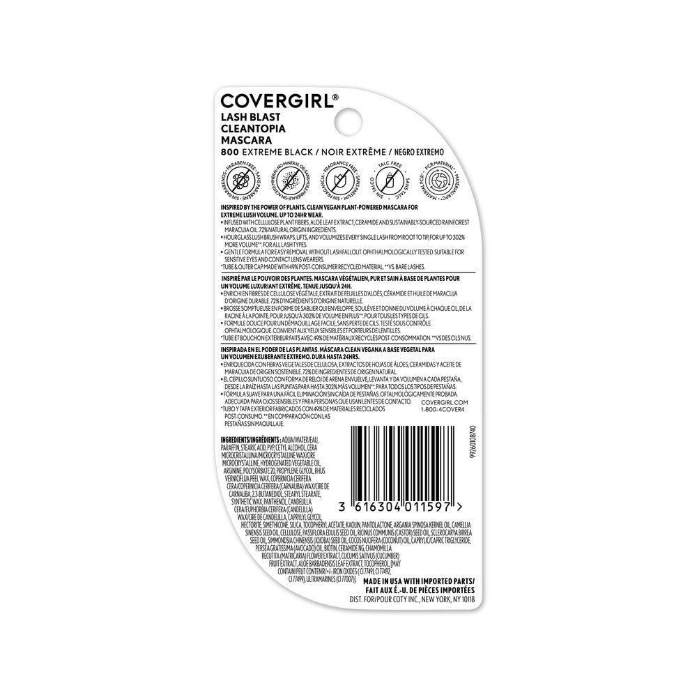 COVERGIRL Lash Blast Cleantopia Mascara in 800 Extreme Black, back label with product details