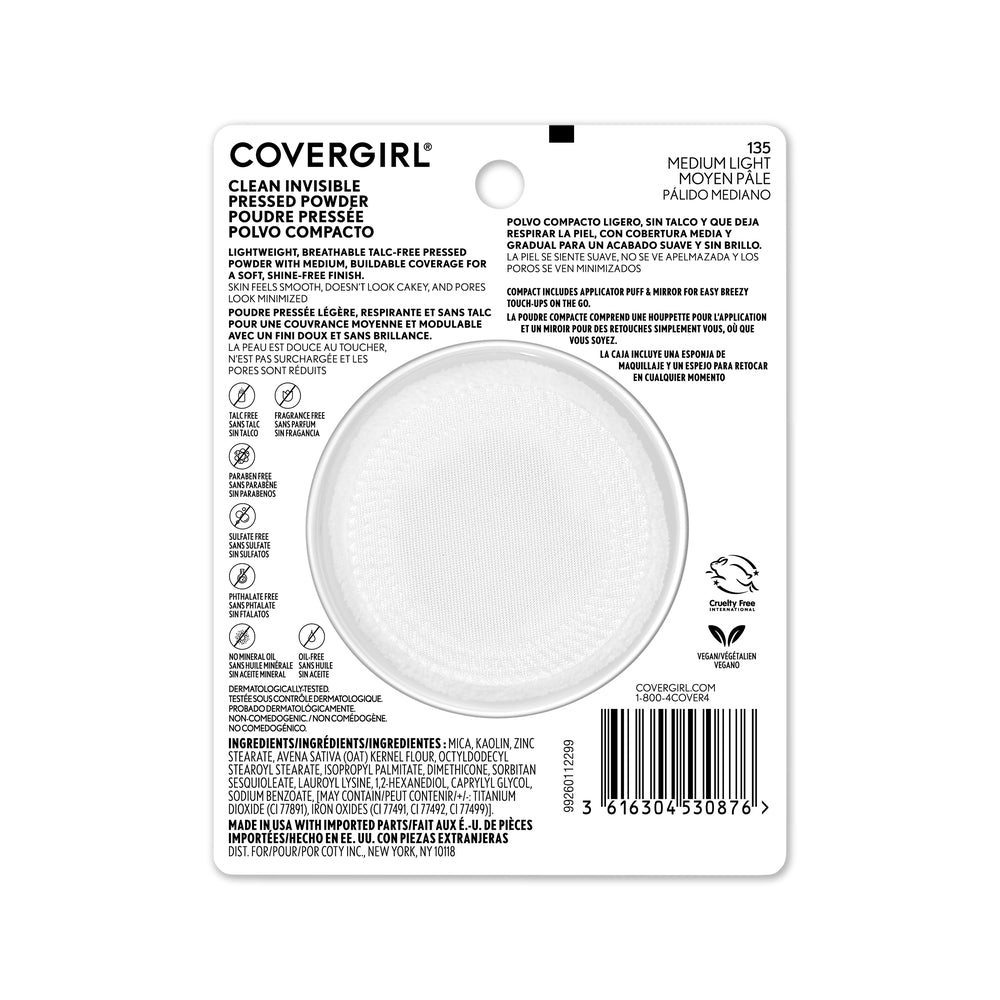 COVERGIRL Clean Invisible Pressed Powder in 135 Medium Light, back label with product details