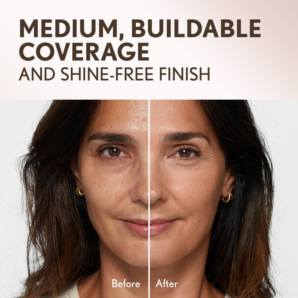 Model showing medium buildable coverage and shine-free finish with before and after comparison.