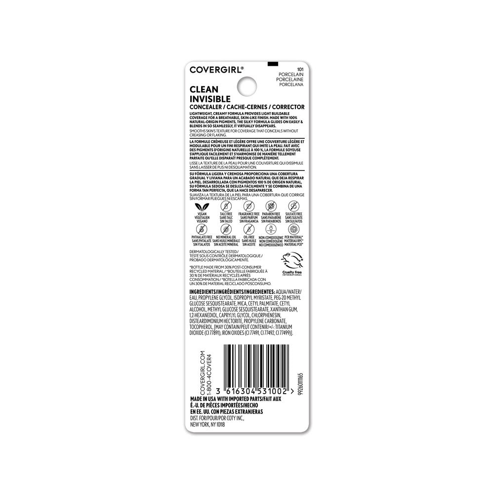 Covergirl Clean Invisible Concealer in 101 Porcelain, back label with product details
