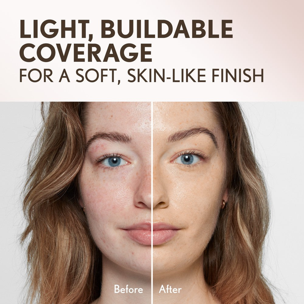 Model showing light, buildable coverage for a soft, skin-like finish. Before and after comparison appling product.