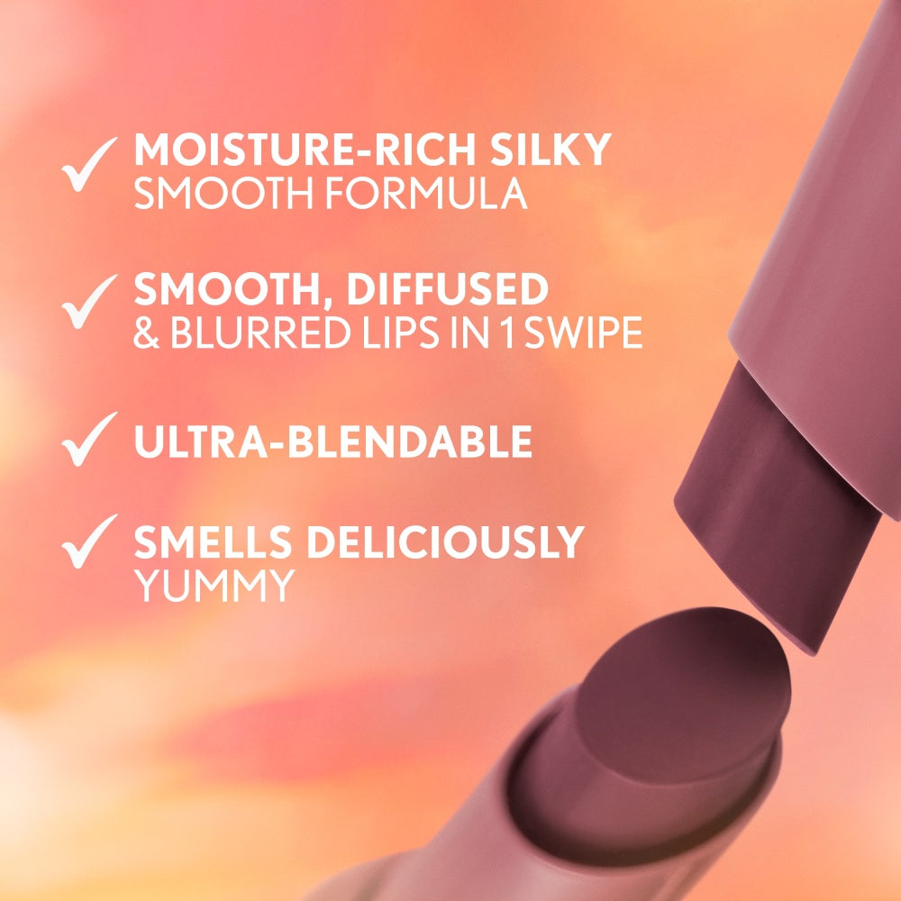 Moisture-rich silky smooth formula. Smooth, diffused & blurred lips in one swipe. Ultra-blendable. Smells deliciously yummy.