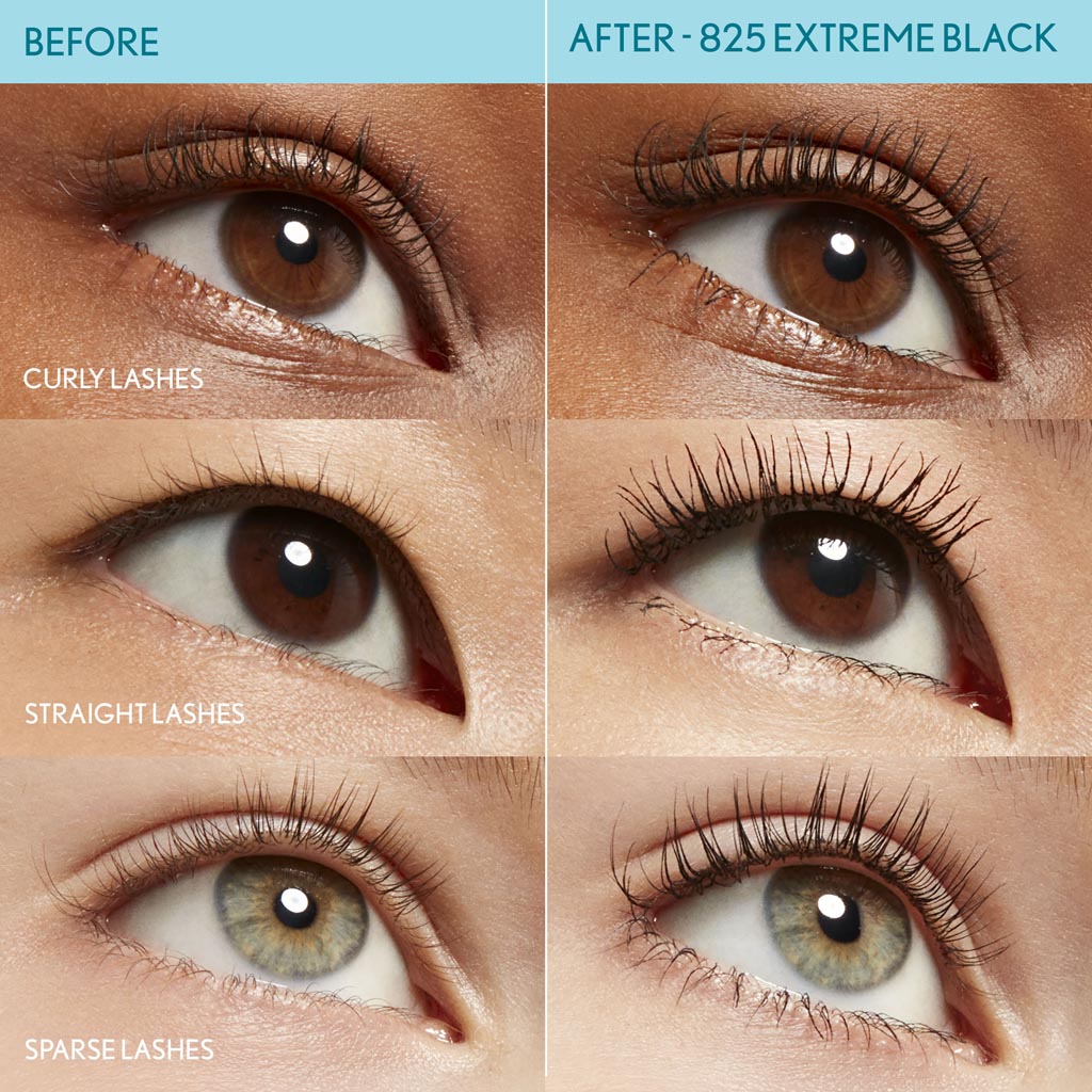 Before and after comparison of eyelashes with 825 Extreme Black mascara, showing curled, straight, and sparse lashes.