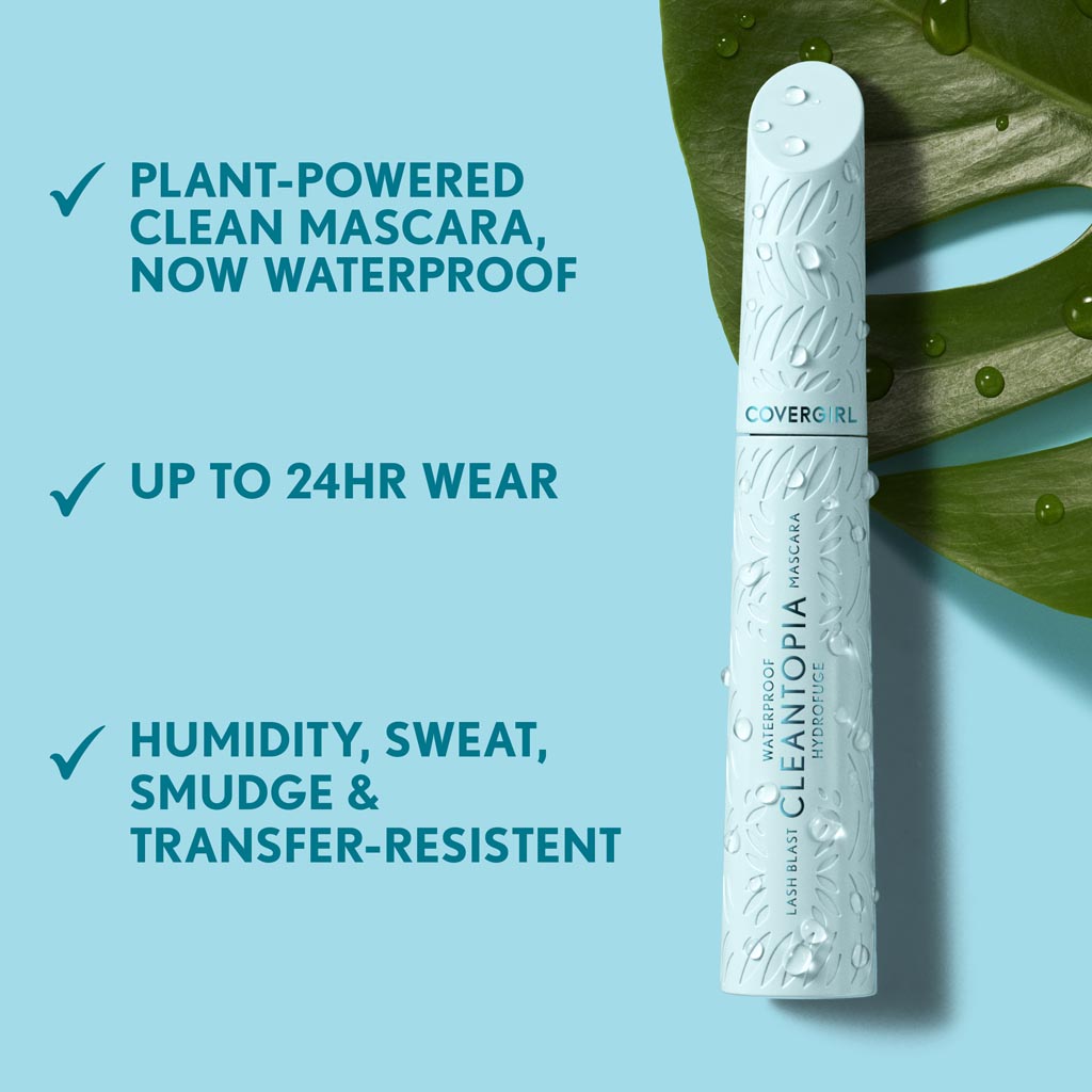 Covergirl Clean Topia mascara in blue packaging with plant-powered benefits and waterproof formula.