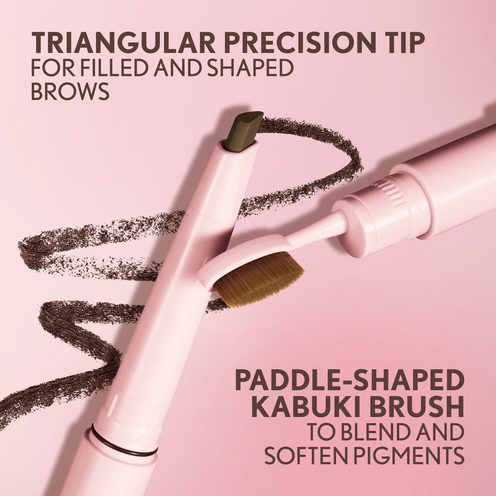 Triangular precision tip for filled and shaped brows. Paddle-shaped kabuki brush to blend and soften pigments.