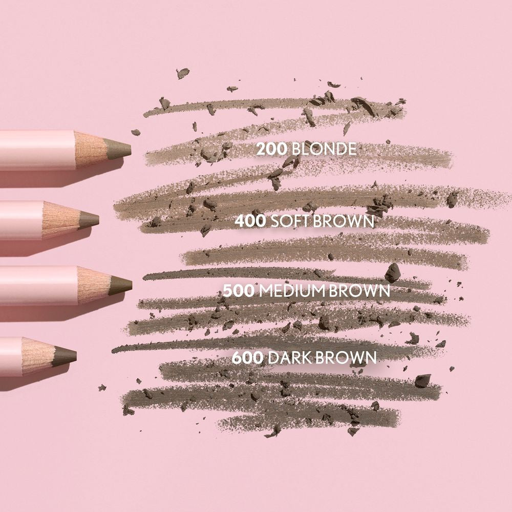 Clean Fresh Brow Volumizer Fiber Powder Pencil swatches in 200 Blonde, 400 Soft Brown, 500 Medium Brown, and 600 Dark Brown.