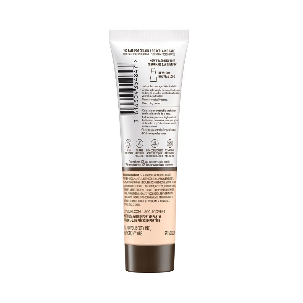 Clean Invisible Foundation in 100 Fair Porcelain, back of the packaging