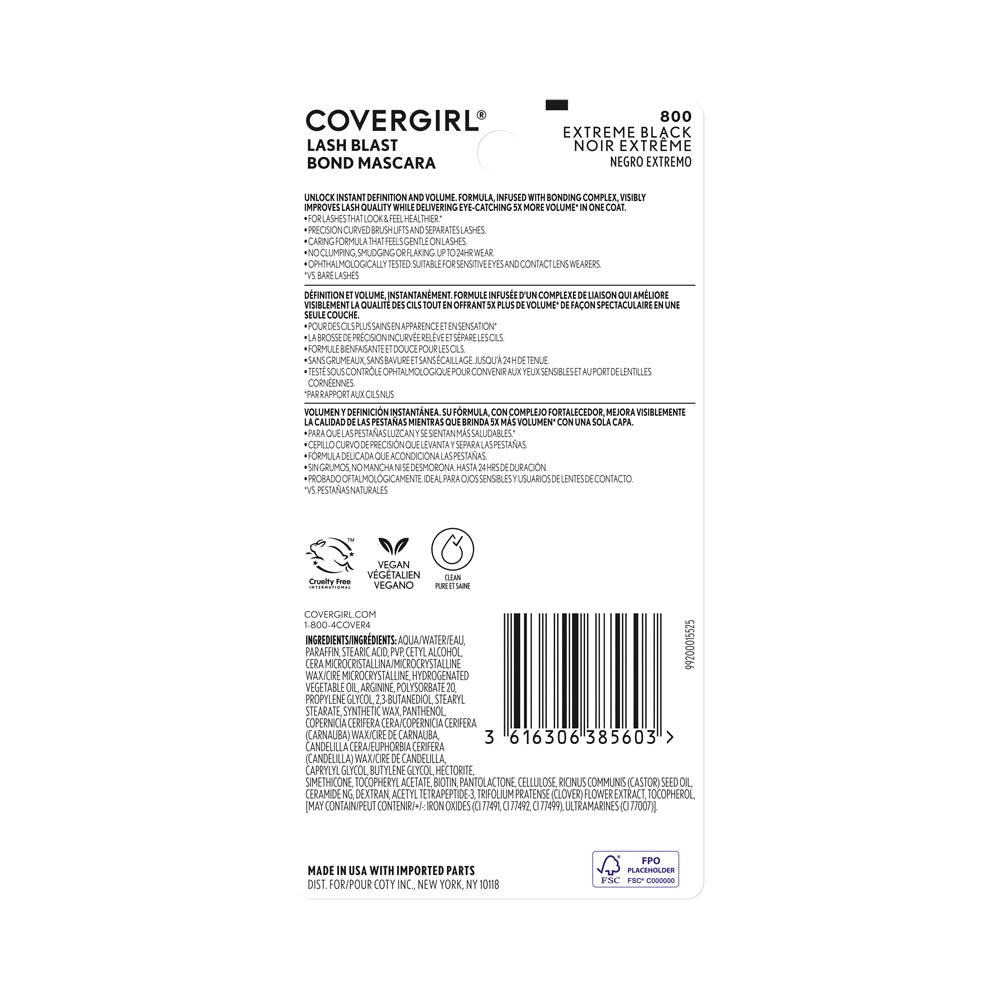 Covergirl Lash Blast Bond Mascara in 800 Extreme Black, back packaging