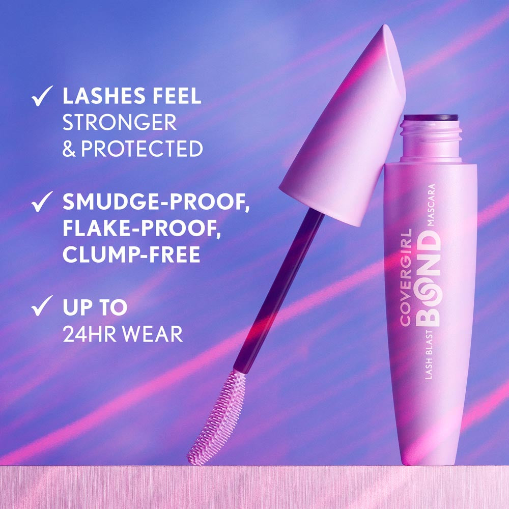 CoverGirl Lash Blast Bond Mascara. Lashes feel stronger and protected. Smudge-proof, flake-proof, clump-free. Up to 24hr wear.