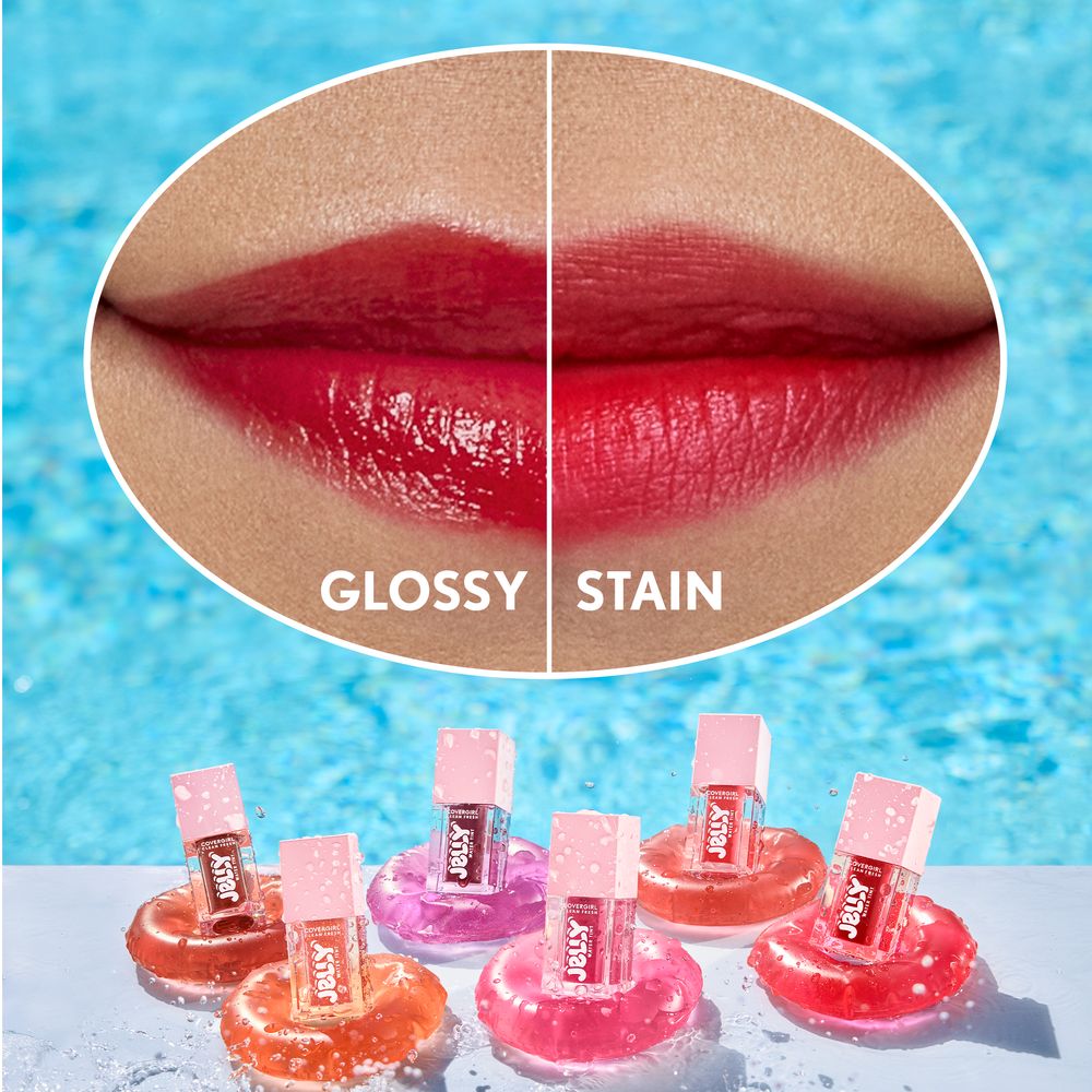 Clean Fresh Jelly Water Tint in 10 Raspberry Drops, glossy and stain comparison.