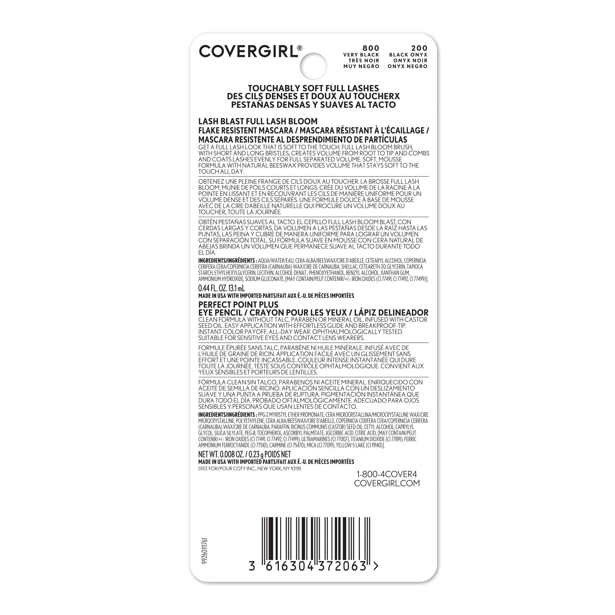 Back of CoverGirl Lash Blast Full Blast Bloom and Perfect Point Plus duo pack in 800 Very Black, with product details