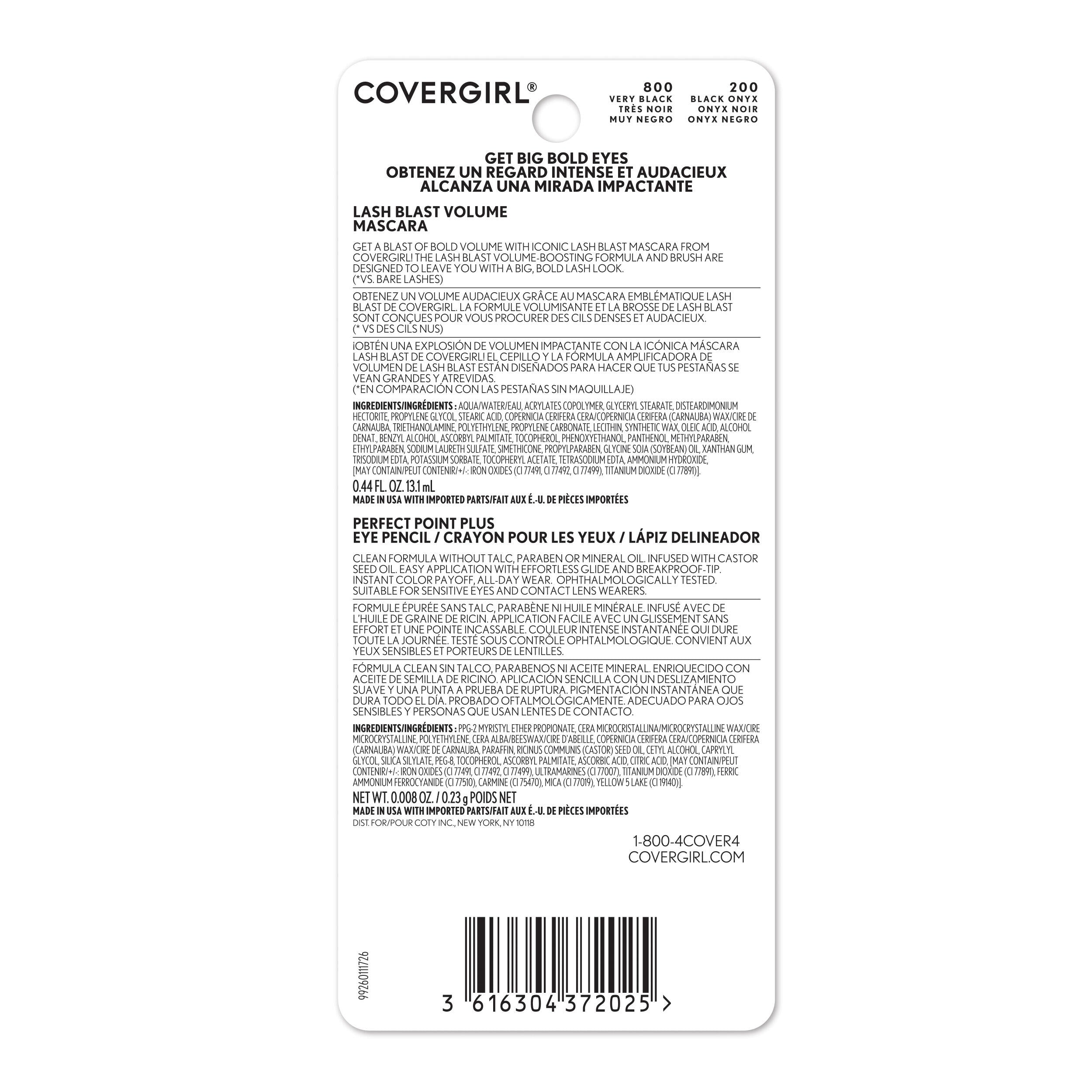 Back of CoverGirl Lash Blast Volume and Perfect Point Plus eye pencil duo pack in 800 Very Black, with product details