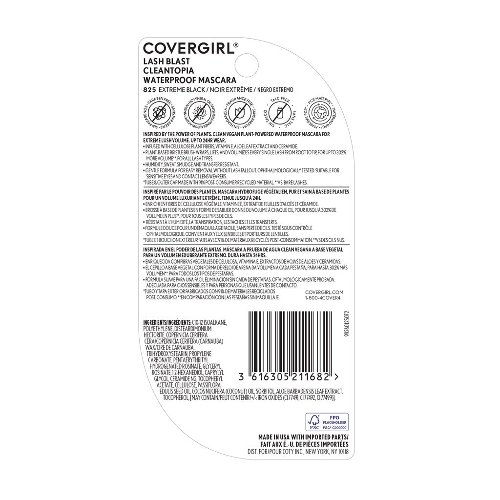 CoverGirl Lash Blast Clean Topia Waterproof Mascara in 825 Extreme Black, back label with product details