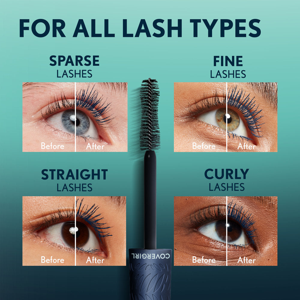 Model showcasing Lash Blast Cleantopia Mascara in Ultramarine Black with before and after results for all lash types.