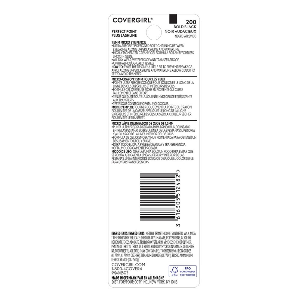 Perfect Point Plus Lashline Micro Eye Pencil in Bold Black, back packaging with product details.
