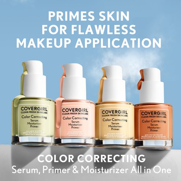 CoverGirl Color Correcting Serum Moisturizer Primer in 100 Redness Neutralizer for fair skin tones.
