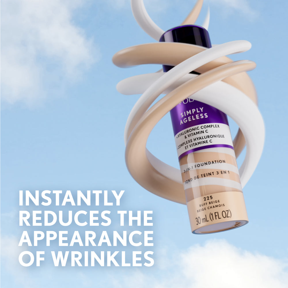 Simply Ageless 3-in-1 foundation bottle with purple cap and beige liquid swirls on blue cloudy background.